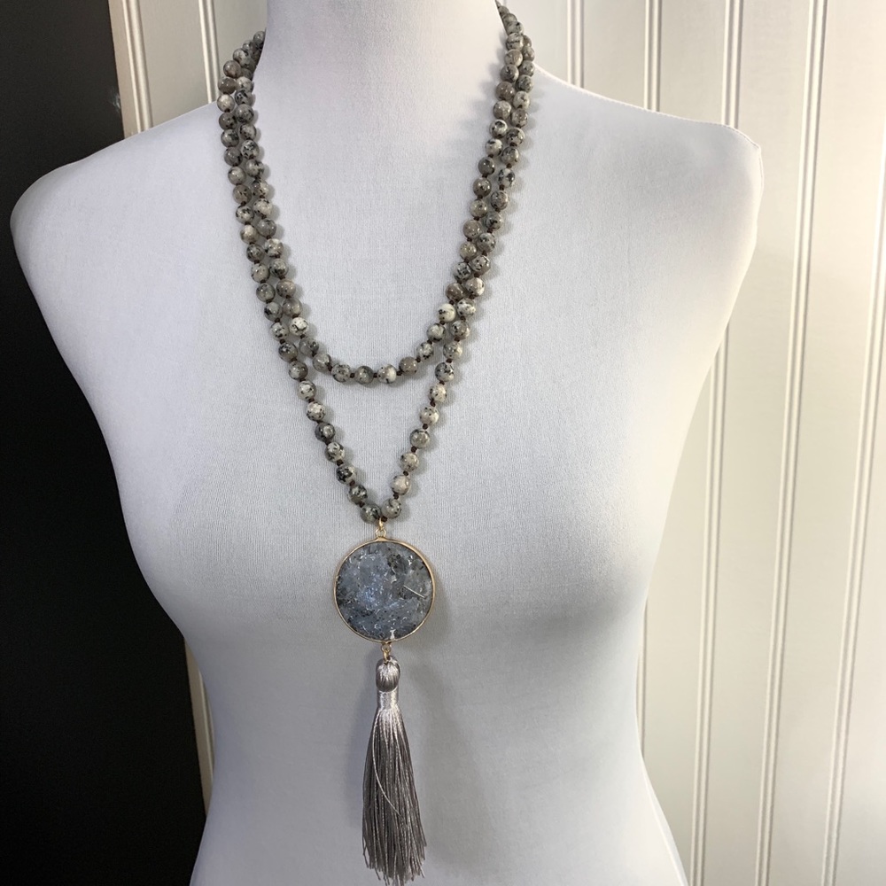 50 Inch Long Beaded Necklace with Tassel Fringe